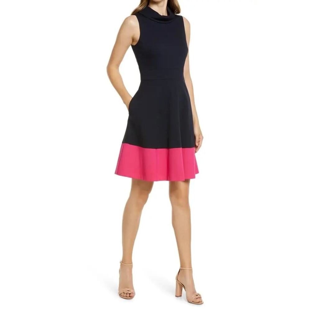 Eliza J Navy and Hot Pink Sleeveless Fit-and-Flare Dress
